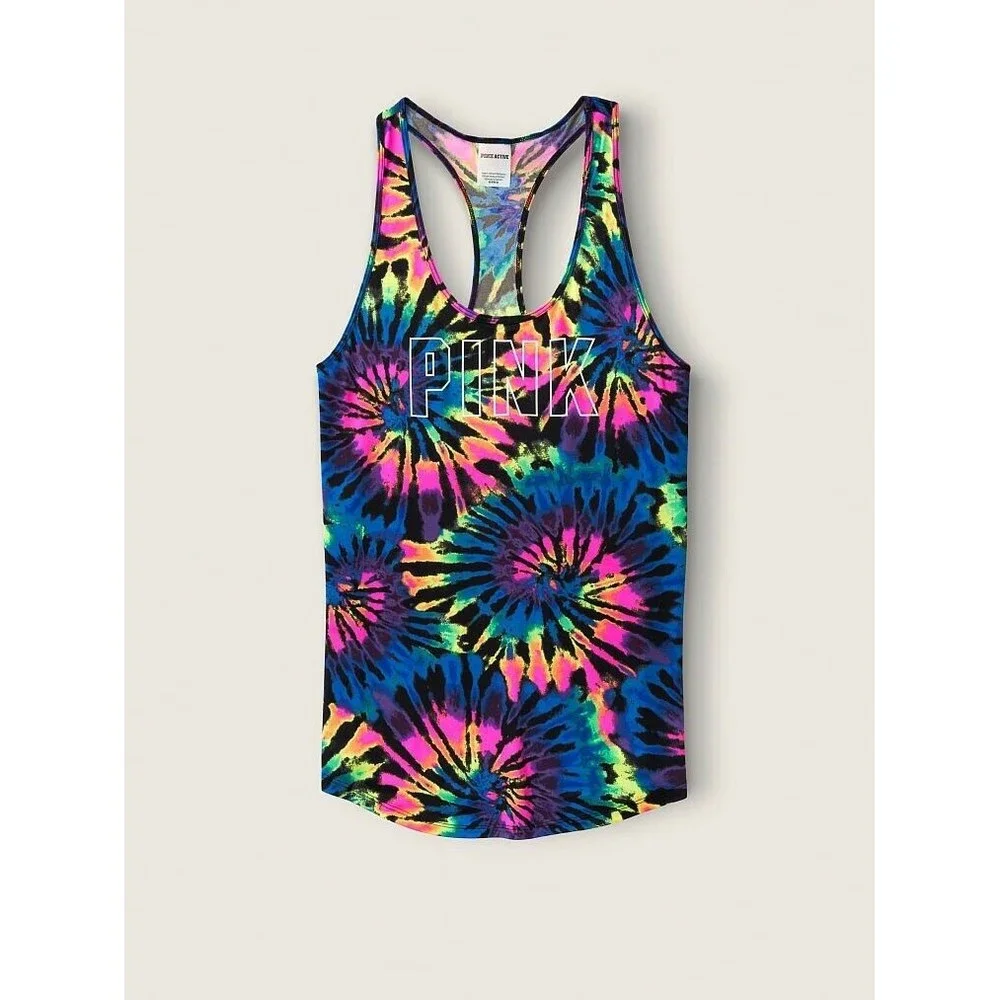 VS VICTORIAS SECRET PINK ULTIMATE KNIT RACERBACK TANK TOP RAINBOW TIE DYE S